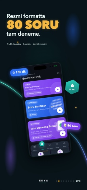 EKYS Studio uygulamasında Sınav Hazırlık ekranı: özel test, soru bankası ve 80 soruluk tam deneme