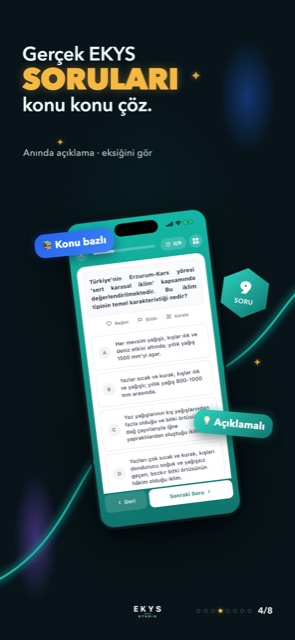 Soru çözüm ekranı: konu bazlı, açıklamalı EKYS soruları